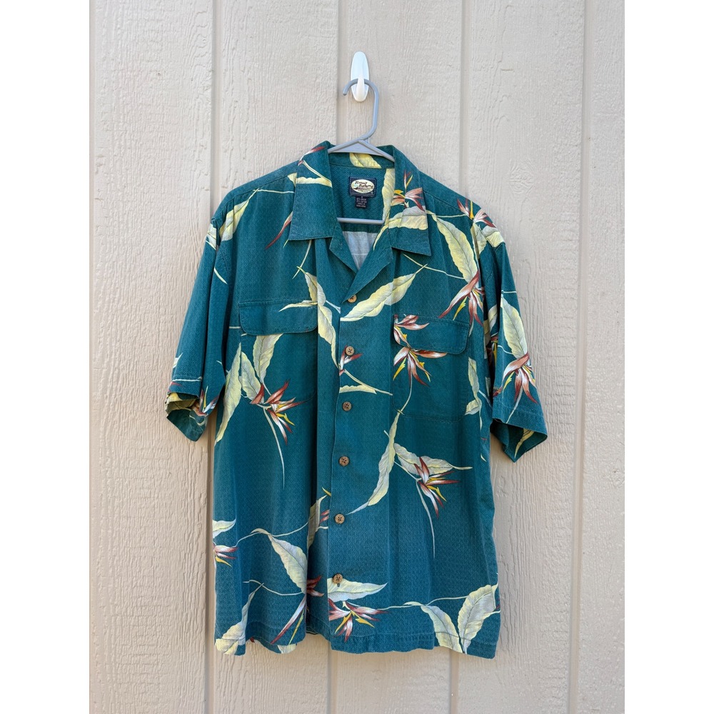 Tommy Bahama Medium Shirt Tropical Teal Rayon Cotton Bird of Paradise Floral